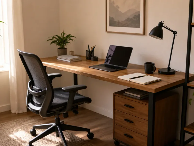 Escritorio home office simple con laptop, lámpara y silla de trabajo en un apartamento luminoso