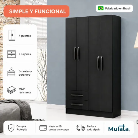 Ropero Negro 4 puertas 2 cajones con estantes y perchero 172x90x35 cm Interior Natural en Negro - Roperos y placares, Uruguay | Mulata