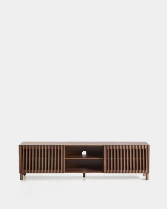 Mueble TV Beyla 2 puertas de chapa y madera maciza de fresno con acabado tono nogal 180 x 49,5 cm en Marrón - Muebles para TV, Uruguay | Kavehome, vista 6