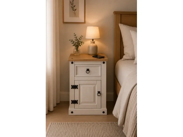 Mesa de Luz 1 P/1 C Cera/Blanco LINEA CORONA MADERA en Blanco - Mesas de luz, Uruguay | Quesal