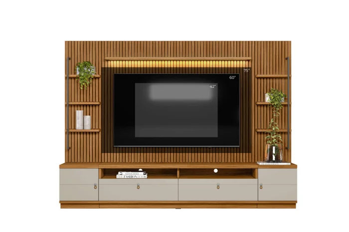 Rack con Panel Ouro Listones de madera y Led 268cm MDF/MDP en Madera natural - Muebles para TV, Uruguay | Balton, vista 11