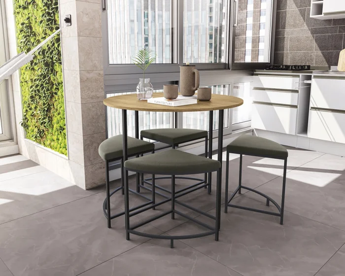 Mesa redonda 90 cms diámetro con 4 bancos Miel y Negro en Multicolor - Mesas de comedor, Uruguay | Champagne Home, vista 2