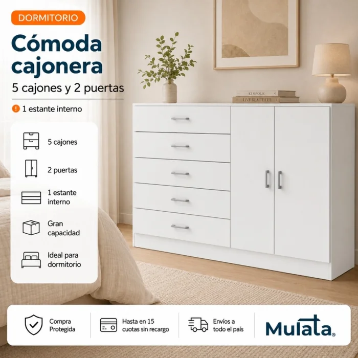Cómoda Cajonera para Dormitorio de 5 Cajones 2 Puertas y 1 Estante interno - FE - Blanco en Blanco - Cómodas, Uruguay | Mulata, vista 2
