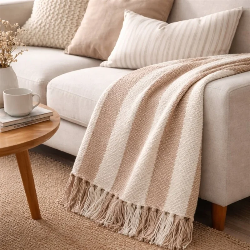 MANTA TEJIDA POLIESTER 125X150CM RAYAS BEIGE en Beige - Textiles, Uruguay | Decohogar, vista 3