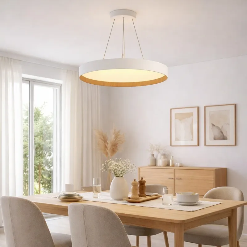 Luminaria led suspender blanca y madera 48W dimerizable, 50cm en Blanco - Lámparas colgantes, Uruguay | Iluminica