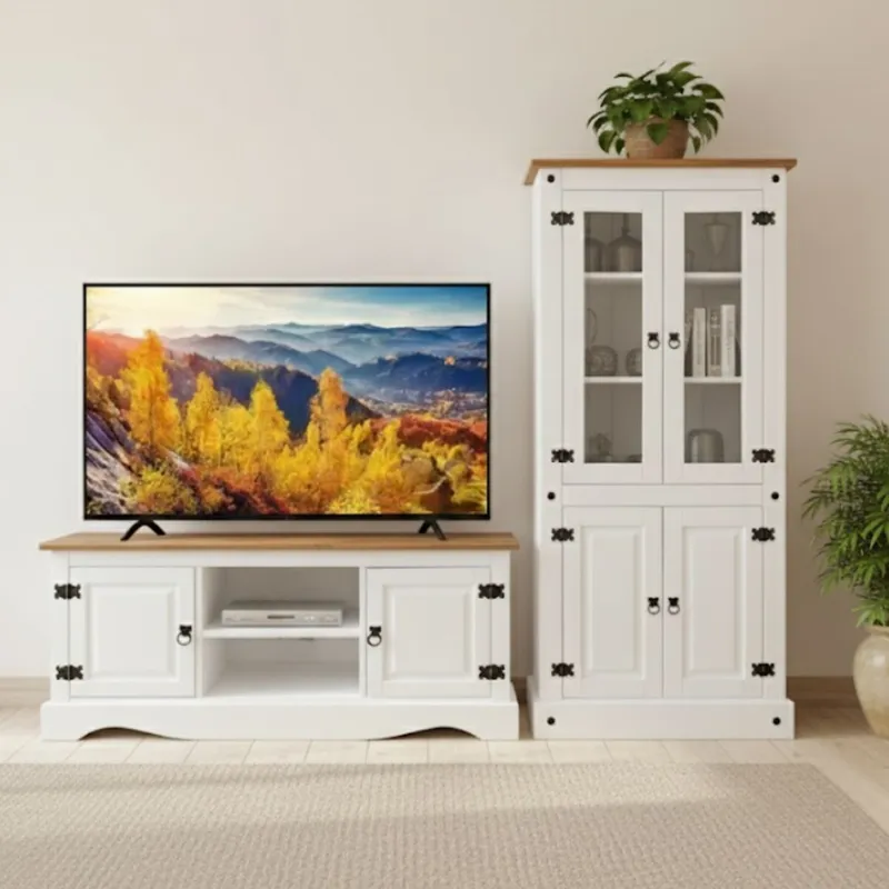Promo Rack de Tv + Biblioteca con Cristalero Línea Naturale - Blanco en Blanco - Muebles para TV, Uruguay | La Cueva Muebles