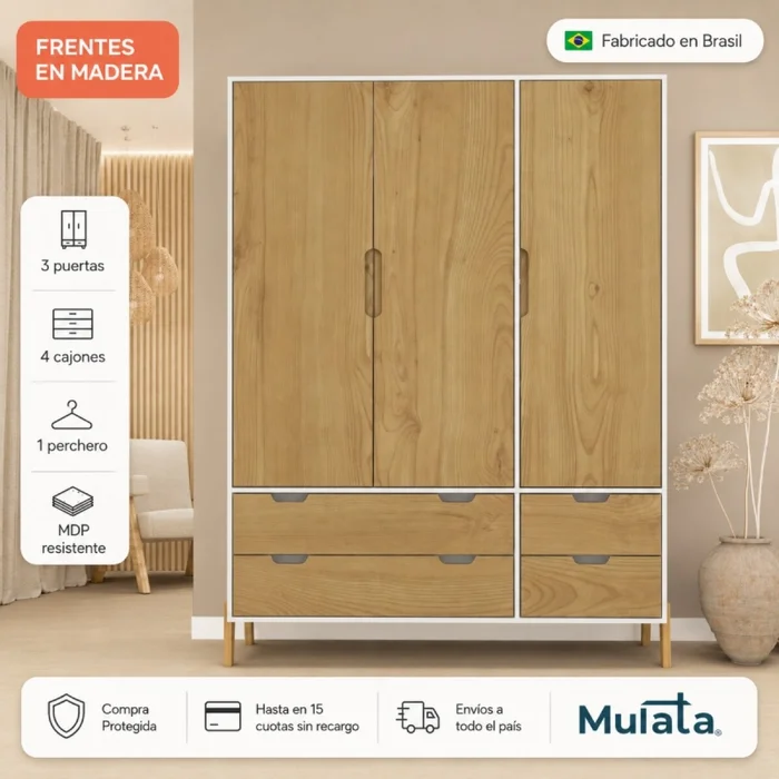 Ropero Armario de 3 Puertas, Perchero y 4 Cajones en MDP - Madera - Línea Melilla - Blanco en Blanco - Roperos y placares, Uruguay | Mulata, vista 2