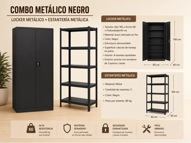 Combo Locker Metálico 2 Puertas Con Llave + Estantería Metálica 5 Estantes en Negro - Sillones y sofás, Uruguay | Que Sal Muebleria