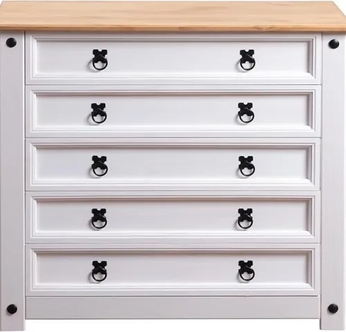 Comoda 5 cajones Cera/Blanco LINEA CORONA MADERA en BLANCO CERA - Cómodas, Uruguay | Que Sal Muebleria