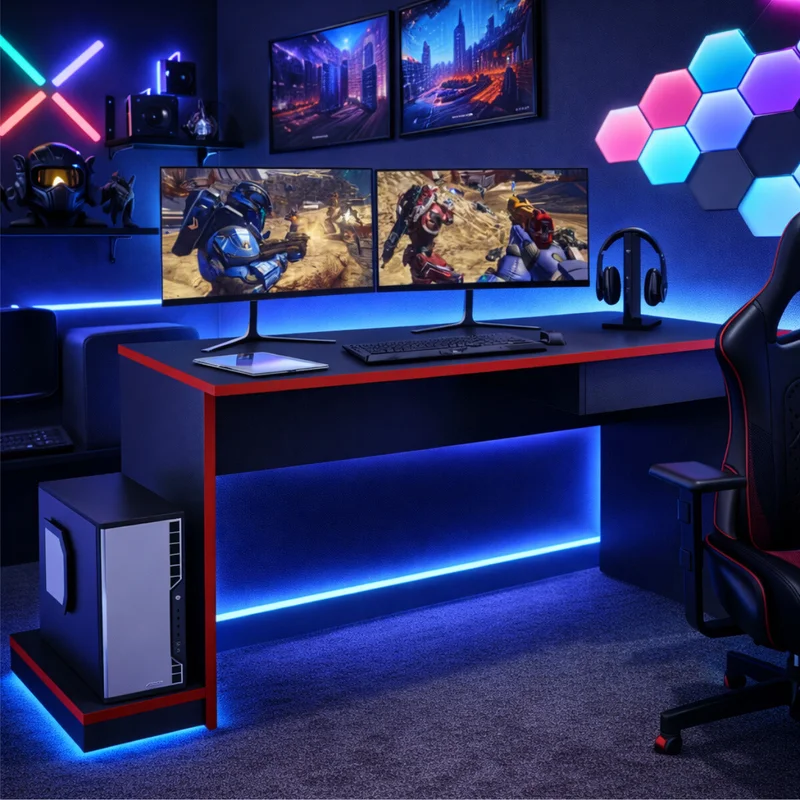 Escritorio Gamer con Cajón y Soporte para CPU | Mesa Gaming Moderna - Grafito / Rojo en Negro - Escritorios y sillas de escritorio, Uruguay | Mulata, vista 3