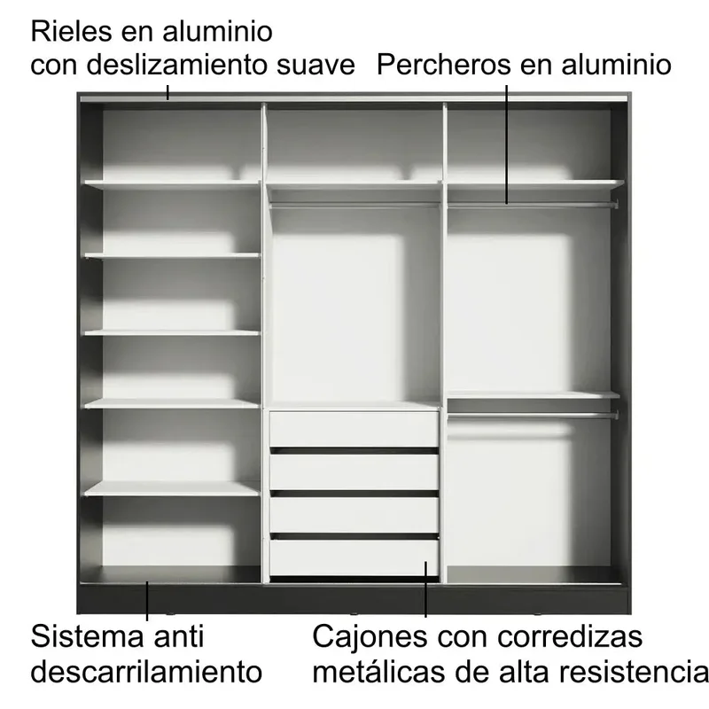 Ropero Placard Matrimonial 100% MDF Zurique 231cm Puertas Corredizas c en Negro - Roperos y placares, Uruguay | Balton, vista 9