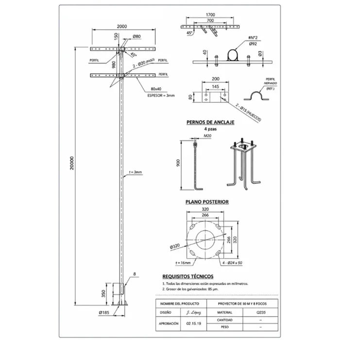 Columna Deportiva con Rack para 8 Proyectores 20 mTS en Gris - Lámparas de pie, Uruguay | Serlux, vista 3