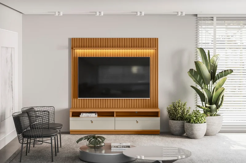 Rack con Panel Ouro Preto Listones de madera y Led 180cm MDF/MDP en Madera natural - Muebles para TV, Uruguay | Balton, vista 3
