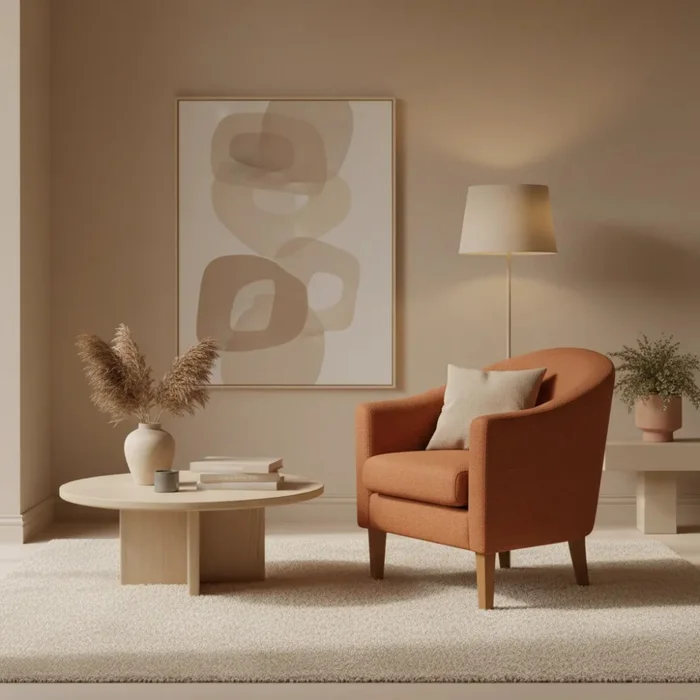 Poltrona patas de madera tapizada en tela color ladrillo en Terracota, Uruguay | Champagne Home