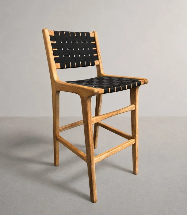 Banqueta en madera teca y cincha náutica negra en Madera natural - Butacas, banquetas y puffs, Uruguay | Entrecasa