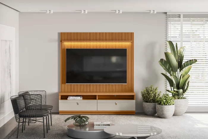 Rack con Panel Ouro Preto Listones de madera y Led 180cm MDF/MDP en Madera natural - Muebles para TV, Uruguay | Balton, vista 3