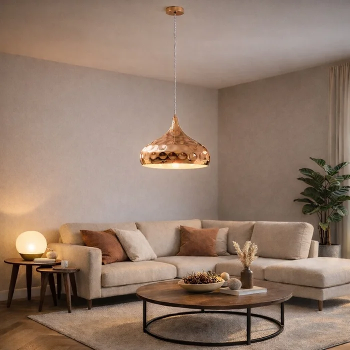 Colgante de aluminio símil cobre martillada, pantalla 28cm E27 en Naranja - Lámparas colgantes, Uruguay | Iluminica