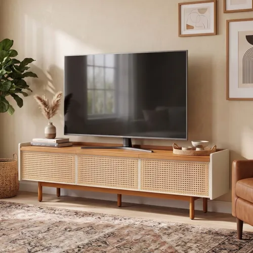 Rack de TV Dune Rattan 2.2 - Linea Manhattan - Off White en Madera natural - Muebles para TV, Uruguay | Rústico Hogar