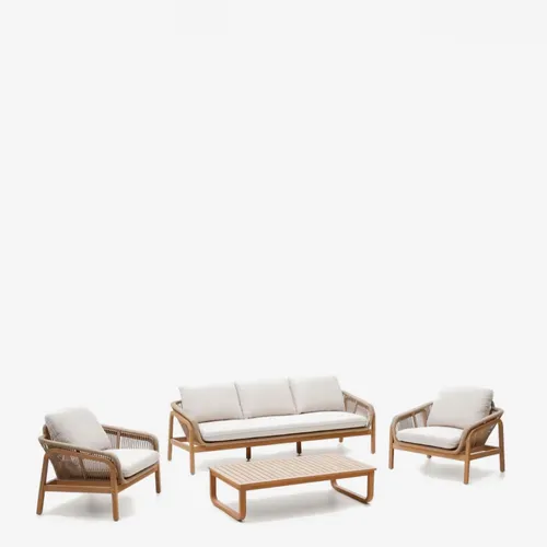 Set Vellana sofá 3 plazas, 2 sillones y mesa centro madera maciza acacia FSC 100% cuerda b en Beige, Blanco, Natural - Sillones y sofás, Uruguay | Kavehome