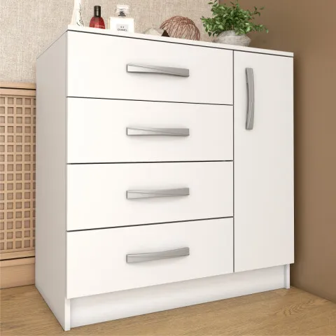 Comoda Cajonera Petit para Dormitorio de 4 Cajones 1 Puerta - FE - Blanco en Blanco - Cómodas, Uruguay | Mulata