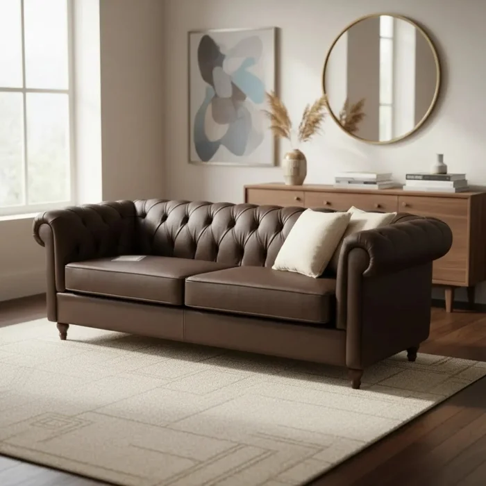 Sofa clasico 3 cuerpos - Tapizado en Cuero marrón en Marrón - Sillones y sofás, Uruguay | Champagne Home