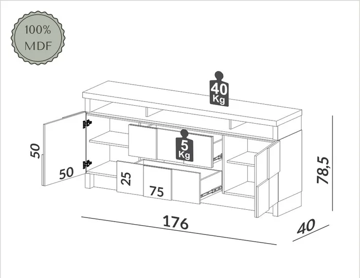 Aparador Barcelona 176cm con 2 Puertas y 2 Cajones 100% MDF en Blanco - Aparadores y recibidores, Uruguay | Balton, vista 4
