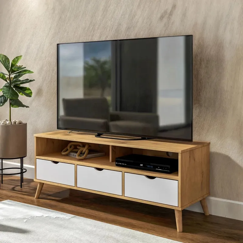 Rack de TV 3 Cajones Madera - Línea Berlin - Blanco en Blanco - Muebles para TV, Uruguay | Ecowood