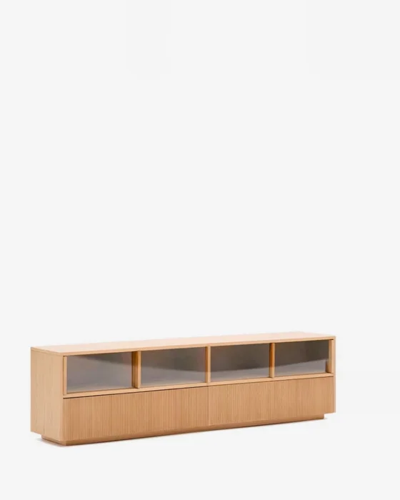 Mueble TV Helvine 4 puertas y 2 cajones chapa de roble y cristal templado 200x54cm FSC 100% en Marrón - Muebles para TV, Uruguay | Kavehome