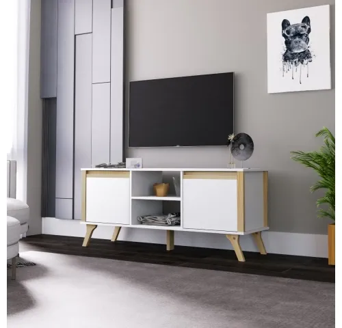 Rack de TV Combinado Madera 2 Puertas Blanco/Miel - Muebles para TV, Uruguay | Que Sal Muebleria