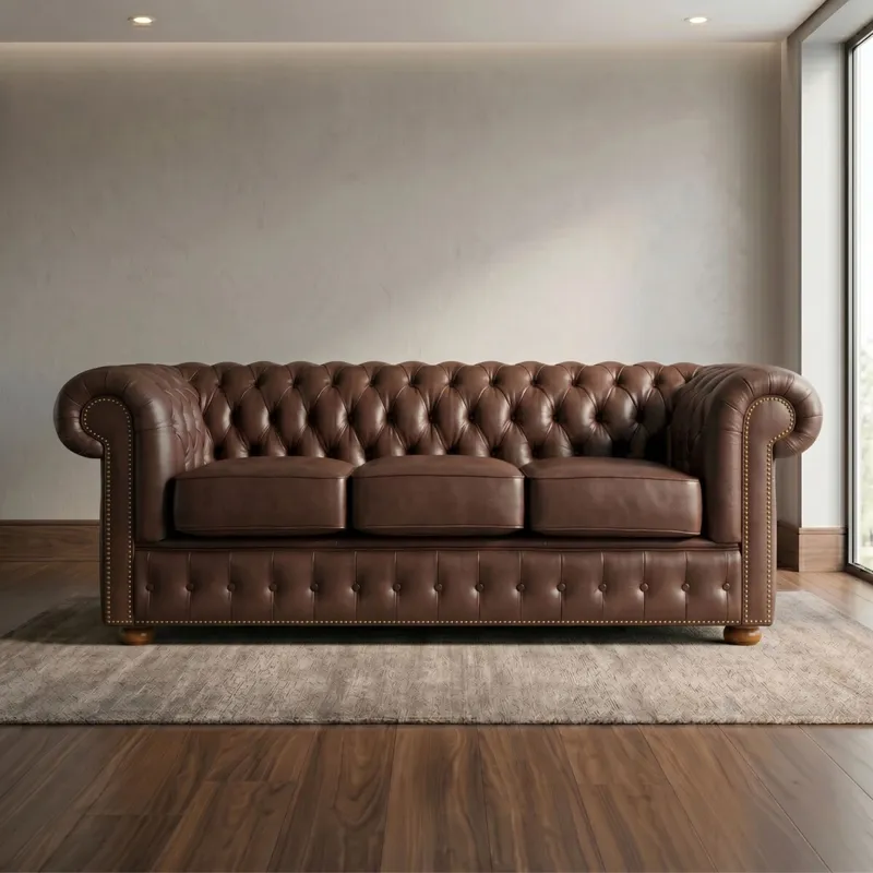 Sillón 100% Cuero - 3 Cuerpos - Chesterfield - Camel en Marrón - Sillones y sofás, Uruguay | Rústico Hogar