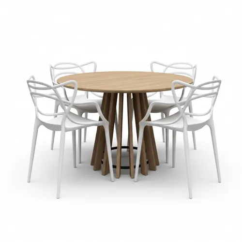 Juego de Comedor Mesa Redonda Pipa 110 cm + 4 Sillas Allegras - Olmo / Blanco - Sillas, Uruguay | Berna home