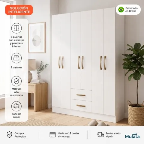 Ropero Placard 6 Puertas 2 Cajones Moderno Ancho 134 cm - Blanco en Blanco - Roperos y placares, Uruguay | Mulata