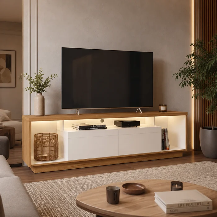 Rack tv Sala Cronos 180cm con tira Led MDF/MDP en Madera natural - Muebles para TV, Uruguay | Balton, vista 2