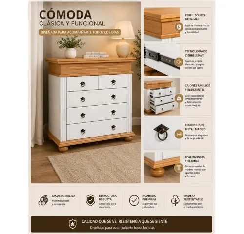 Comoda 3+2 cajones en madera maciza en Blanco - Cómodas, Uruguay | Que Sal Muebleria