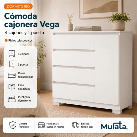 Comoda Cajonera Vega para Dormitorio 4 Cajones con Rieles Telescópicos y 1 Puerta - Blanco en Blanco - Cómodas, Uruguay | Mulata