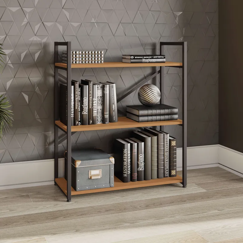 ESTANTERIA BAJA CON 3 ESTANTES LINEA INDUSTRIAL HIERRO en Madera natural - Bibliotecas, Uruguay | Balton