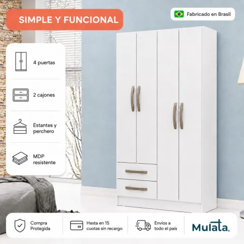 Ropero Blanco 4 puertas 2 cajones con estantes y perchero 172x90x35 cm Interior Natural en Blanco - Roperos y placares, Uruguay | Mulata
