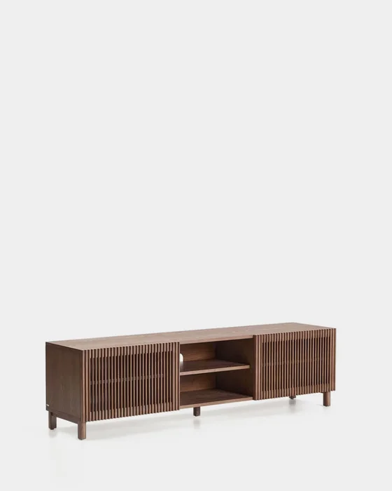 Mueble TV Beyla 2 puertas de chapa y madera maciza de fresno con acabado tono nogal 180 x 49,5 cm en Marrón - Muebles para TV, Uruguay | Kavehome