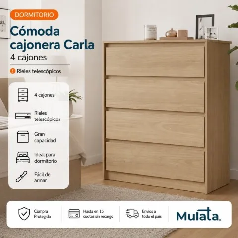 Comoda Cajonera Carla para Dormitorio 4 Cajones con Rieles Telescópicos - Castaño en Madera natural - Cómodas, Uruguay | Mulata