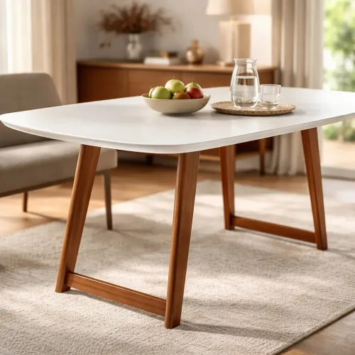 MESA COMEDOR - PATAS MADERA - TAPA LACA OFF WHITE C/VIDRIO en Off-white - Mesas de comedor, Uruguay | Champagne Home