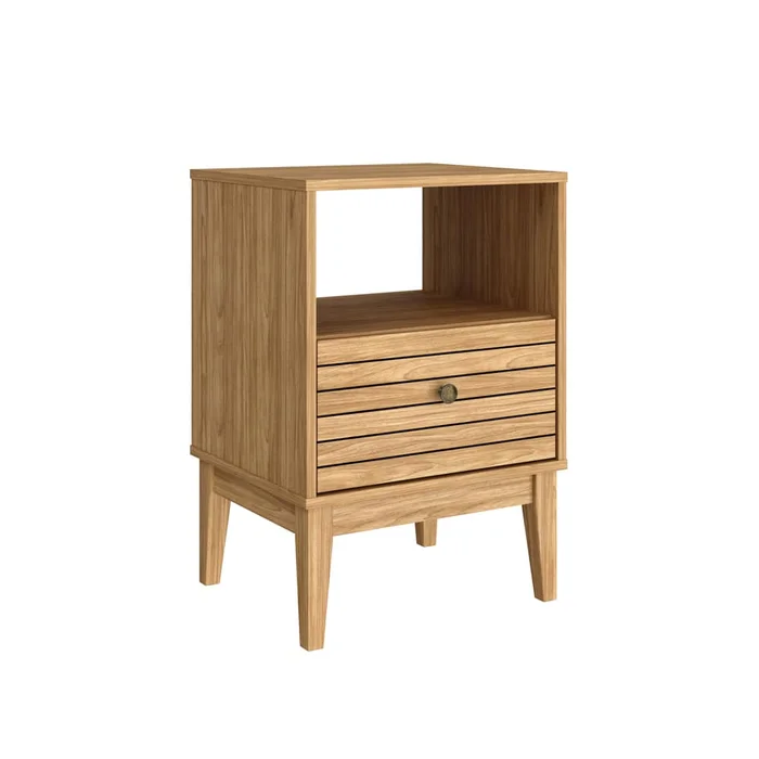 Mesa De Luz 1 Cajon Mdp Patas De Madera Linea Retro en Madera natural - Mesas de luz, Uruguay | Lais Muebles