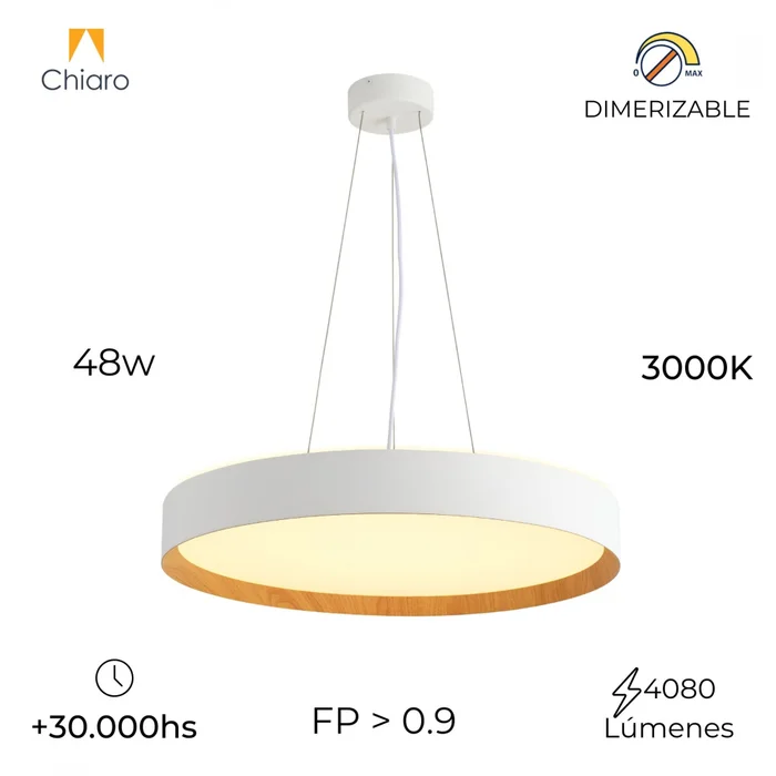Luminaria led suspender blanca y madera 48W dimerizable, 50cm en Blanco - Lámparas colgantes, Uruguay | Iluminica, vista 3