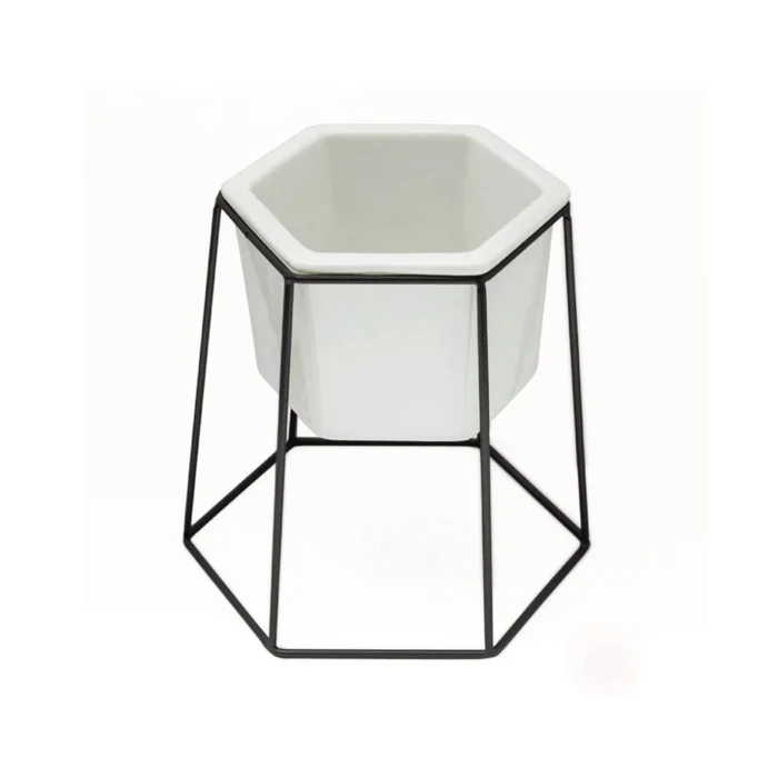 MACETA CERAMICA HEXA C/BASE D17x20CM BLANCO/NEGRO en Multicolor - Macetas, Uruguay | Koz