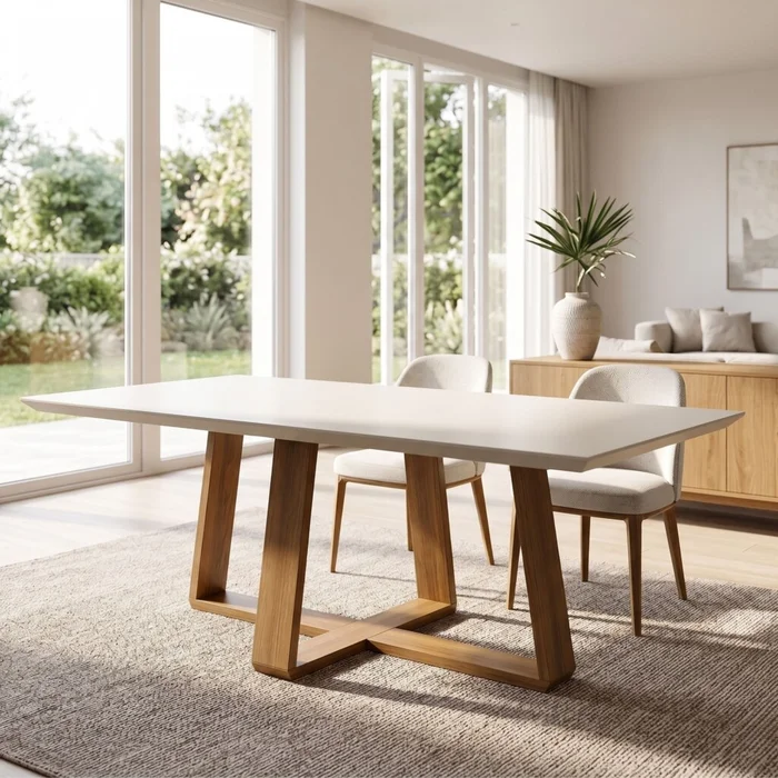Mesa de Comedor 1.6 Linea Manhattan Vidrio Blanco/Natural en Blanco, Natural - Mesas de comedor, Uruguay | Rústico Hogar