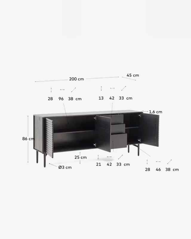 Aparador Lenon - 3 puertas y 3 cajones madera maciza y chapa roble negro 200x86cm FSC Mix Crédito en Negro - Aparadores y recibidores, Uruguay | Kavehome, vista 8