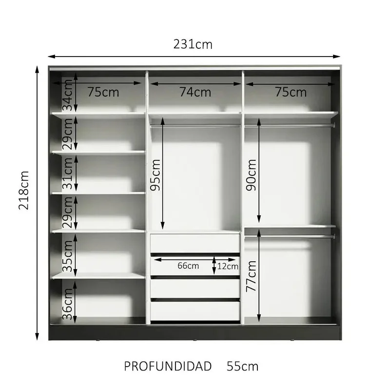 Ropero Placard Matrimonial 100% MDF Zurique 231cm Puertas Corredizas c en Negro - Roperos y placares, Uruguay | Balton, vista 7