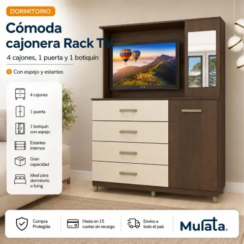 Comoda Cajonera Rack TV de 4 cajones 1 puerta 1 Botiquín con Espejo y Estantes para Dormitorio o Living - FE - R/Champan en Multicolor - Cómodas, Uruguay | Mulata