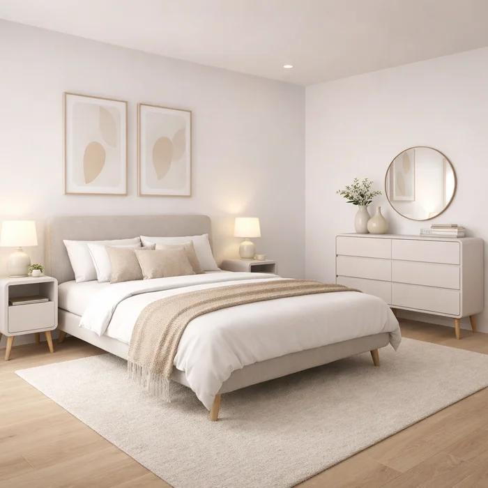 Juego de cajonera y mesas de luz beige - Mesas de luz, Uruguay | RM Muebles y Deco