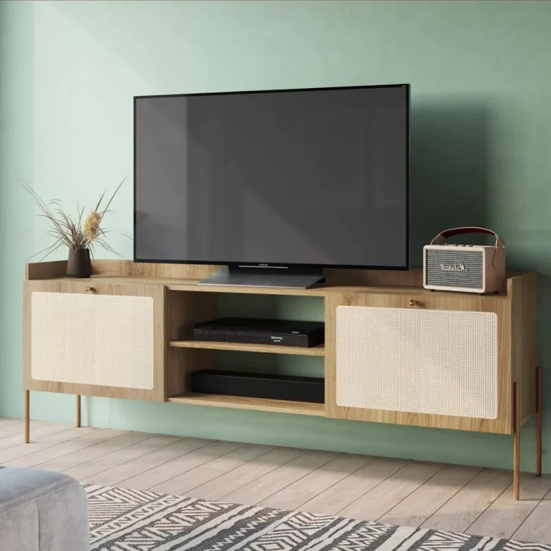 Rack Oslo - Natural con tejido en Marrón - Muebles para TV, Uruguay | NYR