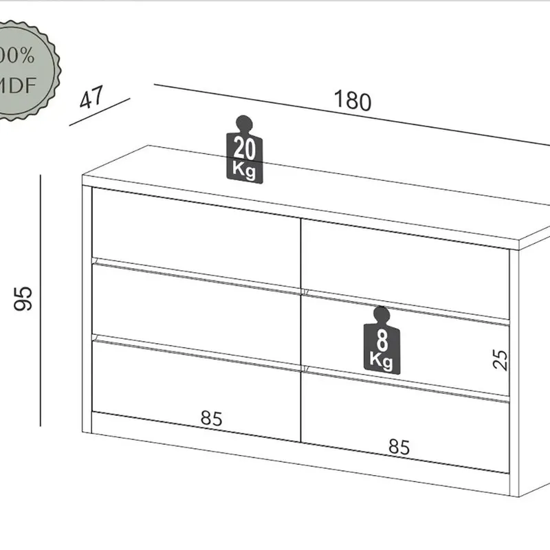 Comoda Mela 180CM 6 Cajones 100% MDF en Madera natural - Cómodas, Uruguay | Balton